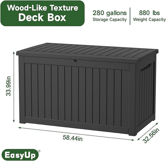 EasyUp 280 Gallon Outdoor Storage Box Waterproof, UV Resistant Resin Deck Box with Hydraulic Rod, Reinforced Stability for Patio, Garden,Striped Black