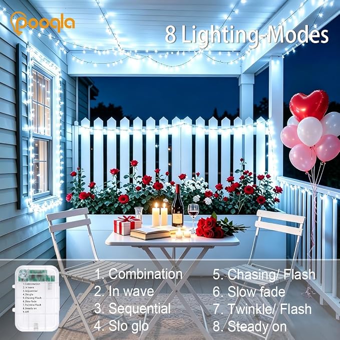 Pooqla 2 Pack String Lights Battery Operated, Total 33.3ft 100 LED Fairy Lights Indoor Outdoor Decorations, 8 Modes Cool White Battery Christmas Lights for Bedroom Classroom Porch Party Yard Decor