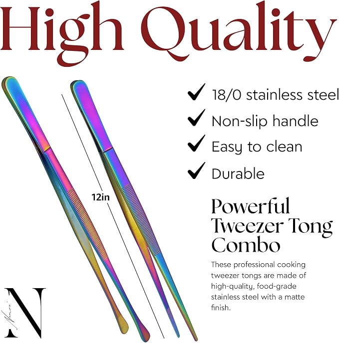 Namre' Tweezer Tongs – 2 Pcs 12- Inch 18/10 Stainless Steel Cooking Tongs for BBQ, Grilling, Plating & Serving – Professional Chef Tongs (Rainbow)