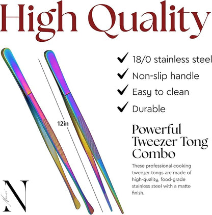 Namre' Tweezer Tongs – 2 Pcs 12- Inch 18/10 Stainless Steel Cooking Tongs for BBQ, Grilling, Plating & Serving – Professional Chef Tongs (Rainbow)