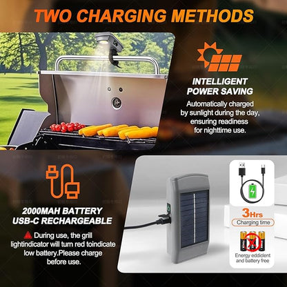 Grill Lights for Outdoor Grill with USB-C & Solor Rechargeable Battery,2-Level Brightness and 360° Rotatable Head, LED Grill Light for Griddle Accessories, LED Grilling Gifts or Camping Light