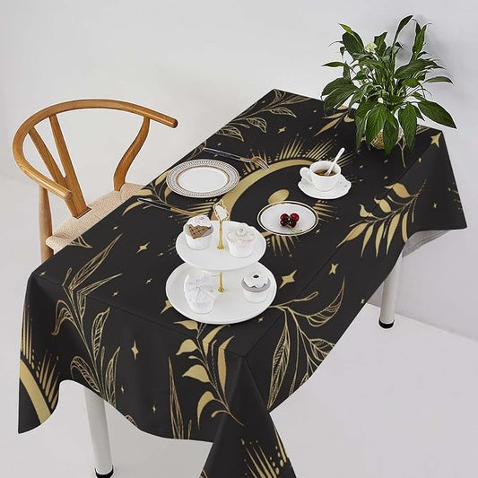 Sun Moon Tablecloth Vintage Boho Astrology Gold Celestial Star Galaxy Space Table Cloth Water Resistant Wipeable Table Cover for Picnic Party Holiday Kitchen Dinner Table 60"x110"