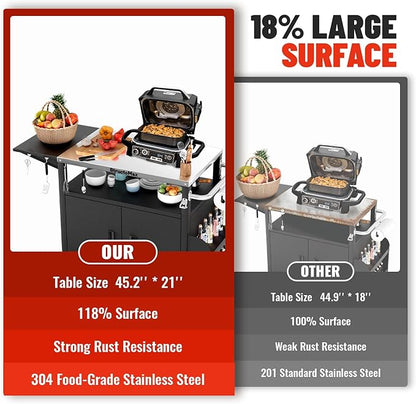 XL Outdoor Grill Cart with Cabinet, Extra-Wide Stainless Steel Table Top, Large Spice Rack & Lockable Wheels, Outdoor Kitchen Island Grill Table for BBQ, Cooking & Prep