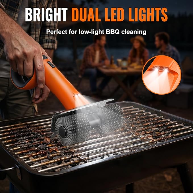 Electric Grill Brush - Dual Rotating Heads Cordless BBQ Grill Cleaner, 450 RPM Motorized Power Grill Cleaning Brush with LED Light, 6-Piece Replaceable Brush Set Safe for Most Outdoor Grill Grates
