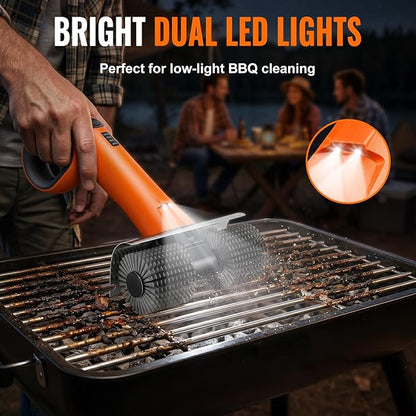 Electric Grill Brush - Dual Rotating Heads Cordless BBQ Grill Cleaner, 450 RPM Motorized Power Grill Cleaning Brush with LED Light, 6-Piece Replaceable Brush Set Safe for Most Outdoor Grill Grates