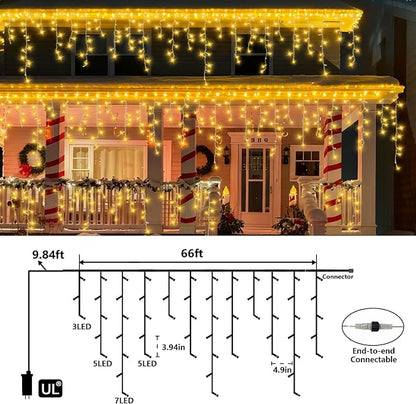 QITONG Warm White Icicle Lights for Outside, 66ft 800 LED String Lights Indoor with 8 Modes, Clear Wire Connectable Icicle Christmas Light Plug in
