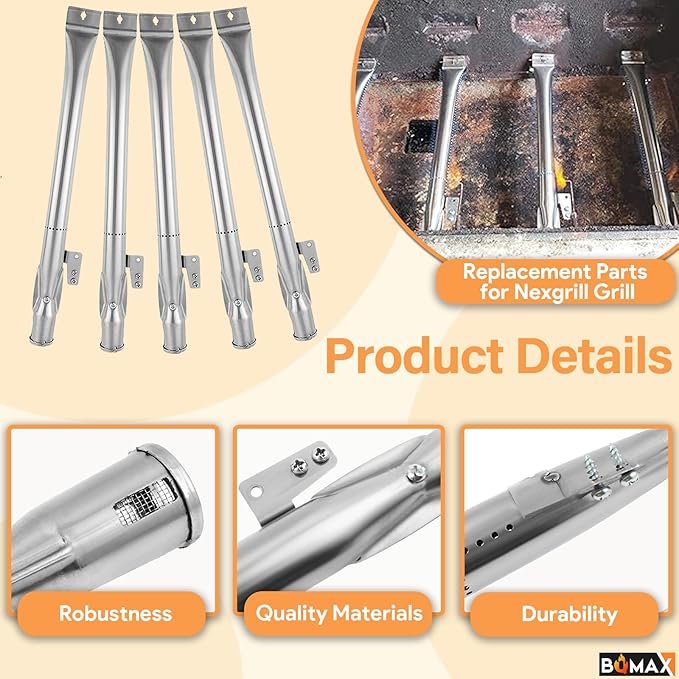 BQMAX Grill Parts for Nexgrill 5 Burner Gas Grill 720-0888 720-0888A 720-0888N, Cooking Grate, Heat Plates Shield and Burner for Nexgrill 5 Burner Replacement Parts for 720-0888 Nexgrills Part