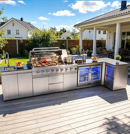 Outdoor Kitchen Island, Natural Gas Grill with Standalone Side Burner Island, 96,000 BTU BBQ Grill with Sink, Refrigerator, Granite Countertop, Grill Cart & Storage Drawers Silver+153in