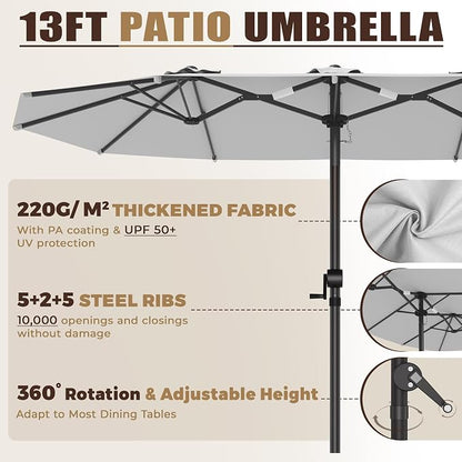 GDPFN 13FT Large Patio Umbrella, Outdoor Deck Standing Umbrella with Crank Handle, Double-Side Rectangular Pool Umbrella for Outside, Market, Patio, Light Gray (Base Not Include)