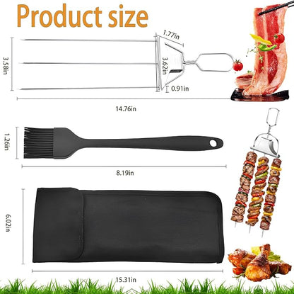 3 Prong BBQ Skewers for Grilling, 14.7 Inch Stainless Steel Kabob Skewers with Push Slider Bar, Reusable Metal Grill Skewers for Meat,Vegetables, Outdoor Barbecue Accessories (2 Fork + 1 Bag+1 Brush)