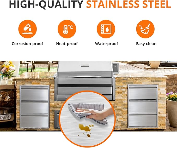 18" W x 23" H x 23" D Outdoor Kitchen Drawers with Paper Towel Holder, 3-Layer Outdoor Kitchen Access Drawer, Stainless Steel Built-in BBQ Drawer for Outdoor Kitchen Island, Patio Grill Station