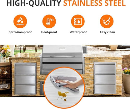 18" W x 23" H x 23" D Outdoor Kitchen Drawers with Paper Towel Holder, 3-Layer Outdoor Kitchen Access Drawer, Stainless Steel Built-in BBQ Drawer for Outdoor Kitchen Island, Patio Grill Station