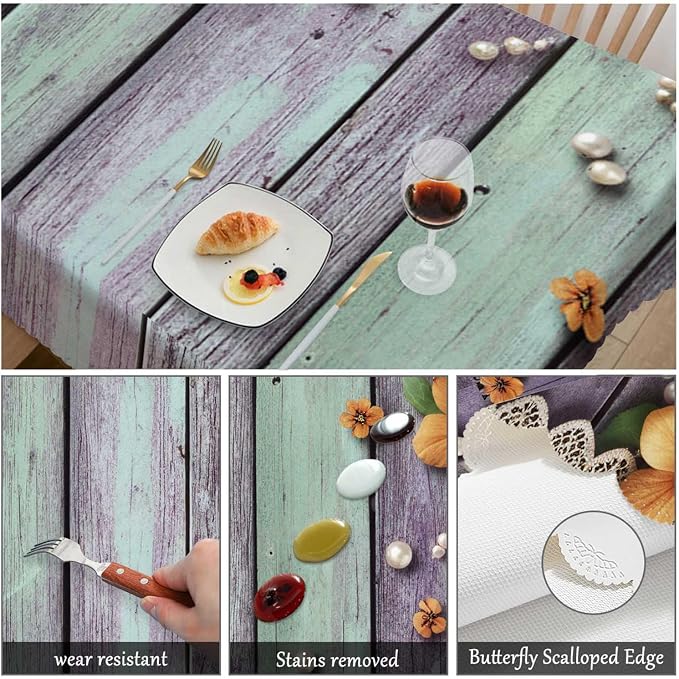 Swono Pearls Table Cloth Old Wooden Flowers Pearls and Lace Rectangle Tablecloth Picnic Table Cover BBQ Table Cloths Polyester for Kitchen Home Camping Patio 50x72 Inch