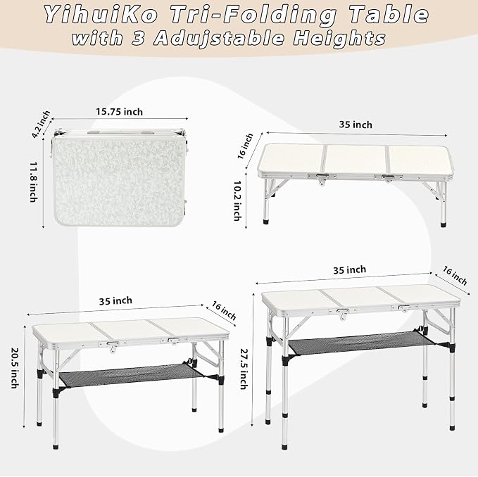 YihuiKo 3ft Aluminum Folding Picnic Table - Lightweight & Portable Outdoor Table with Adjustable Height, Storage Net for Camping, Backyard, RV Trips | 35" x 16", Adjustable Heights Max 27.5", Outdoor Table for Camping/RV/Trip, Carrying Handle, Aluminum...