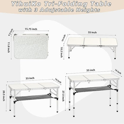 YihuiKo 3ft Aluminum Folding Picnic Table - Lightweight & Portable Outdoor Table with Adjustable Height, Storage Net for Camping, Backyard, RV Trips | 35" x 16", Adjustable Heights Max 27.5", Outdoor Table for Camping/RV/Trip, Carrying Handle, Aluminum...