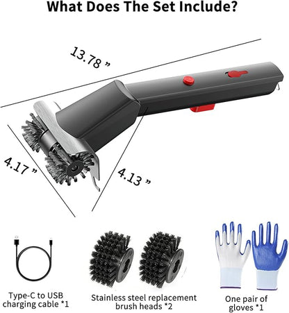 Cordless Electric Grill Brush for Outdoor - Waterproof BBQ Grill Cleaner with Lights Water Spray - Grill Cleaning Brush for Burnt-On Grease&BBQ Grates, 90 Mins Runtime, 2 Stainless Heads Refill