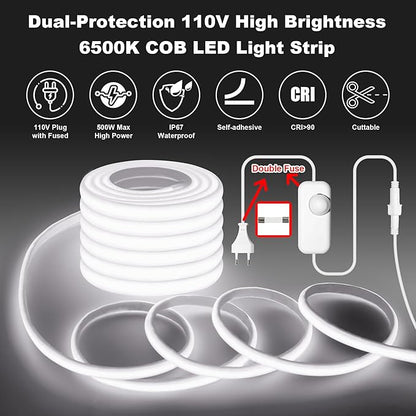 Gliztech IP67 Waterproof COB LED Strip Lights AC 110V-120V Direct Plug, 66FT Super Bright Outdoor Strip Lights with Double Fuse Controller, 6500K White LED Strips for Garden Patio Commercial Decor