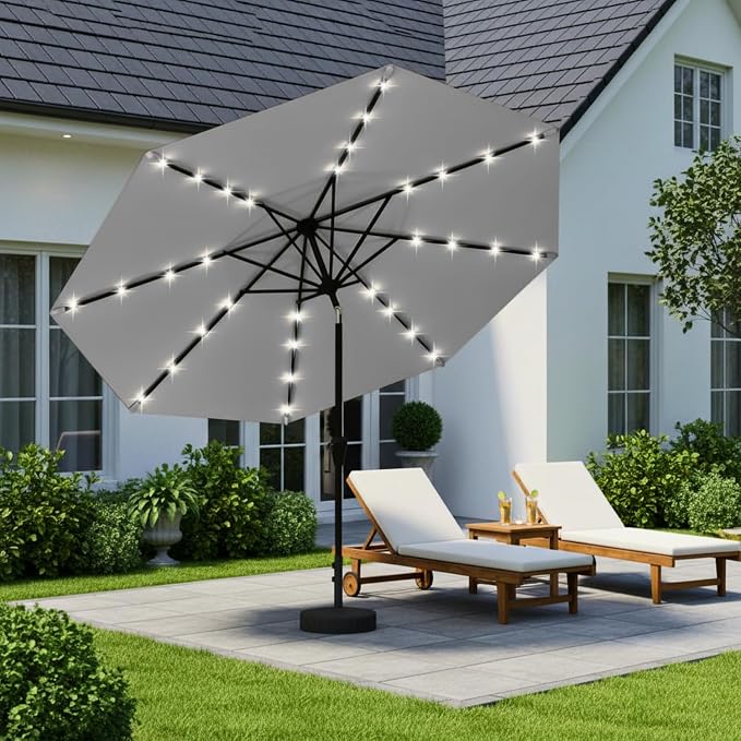 9' Solar LED Patio Umbrella with Tilt & Crank|8 Sturdy Ribs,UV Protection,Outdoor Market Table Umbrella for Deck,Lawn,Pool,Backyard(Light Gray)