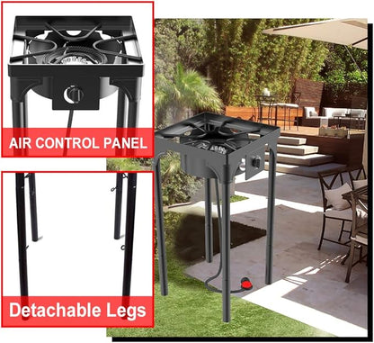 Outdoor & Indoor Portable Propane Stove, Single & Double Burners with Gas Premium Hose, Detachable Legs for Backyard Kitchen, Camping Grill, Hiking Cooking, Outdoor Recreation (DB01-Medium,1 Burner)