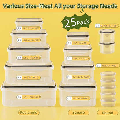 50 PCS Food Storage Containers with Lids Airtight (25 Lids & 25 Containers) | Reusable Plastic Leakproof Meal-Prep Container for Kitchen Storage Organization Microwave/Dishwasher Safe with Labels & Pen