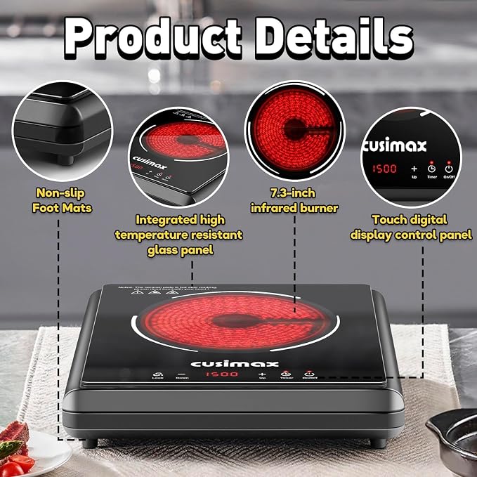 CUSIMAX 1500W Hot Plate, Portable Infrared Electric Stove for Home with 7 Speed,Ceramic Countertop Stove Sensor Touch,Kids Safety Lock and Timer,Compatible for All Cookwares