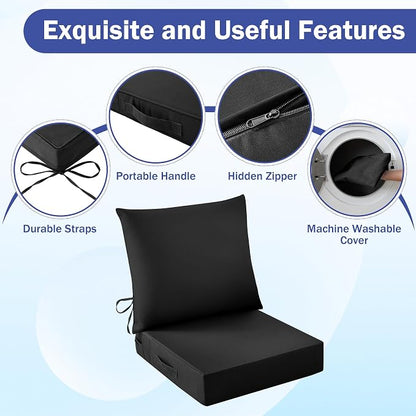 Outdoor Chair Cushions, 24 x 24 Inch Outdoor Cushion for Patio Furniture, Patio Chair Cushion, Waterproof & Fade Resistant Deep Patio Furniture Cushions Set with Handle and Ties, Black (Set of 2)