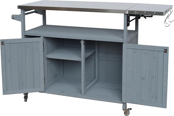Christopher Knight Home Edsel Outdoor Bar Cart with Stainless Steel Top and Lockable Wheels, Solid Wood Outdoor Storage Cabinet, Kitchen Island Serving Cart for Poolside, Garden, Blue Gray