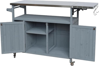 Christopher Knight Home Edsel Outdoor Bar Cart with Stainless Steel Top and Lockable Wheels, Solid Wood Outdoor Storage Cabinet, Kitchen Island Serving Cart for Poolside, Garden, Blue Gray