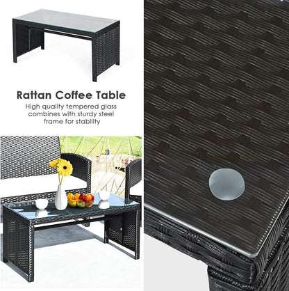 Tangkula Patio Wicker Conversation Furniture Set, Patiojoy Sofa & Table Set w/4 Seats, Outdoor Rattan Sofa Set for Balcony Backyard, Wicker Chair Set with Tempered Glass Coffee Table (2, White)