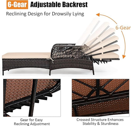 COSTWAY PE Rattan Chaise Lounge Chair, 6 Gear Adjustable Recliner with Armrest & Pillow, Wicker Outdoor Furniture for Deck, Patio (1, Beige)