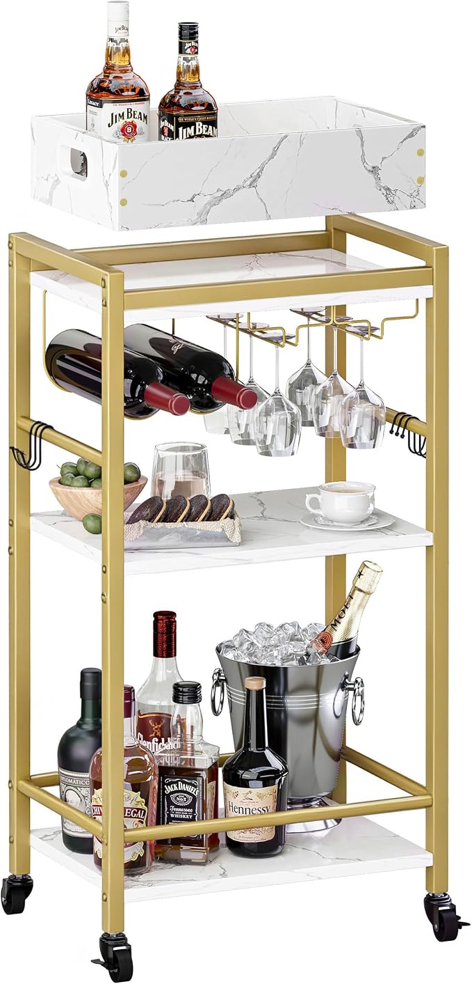 3-Tier Gold Bar Cart with Removable Tray, Small Bar Carts with Wheels, Rolling Beverage Cart, Drink Cart, Gold Wine Cart with Wine Rack for Kitchen, Living Room GBC513G