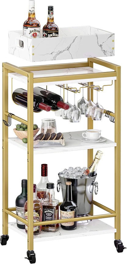 3-Tier Gold Bar Cart with Removable Tray, Small Bar Carts with Wheels, Rolling Beverage Cart, Drink Cart, Gold Wine Cart with Wine Rack for Kitchen, Living Room GBC513G