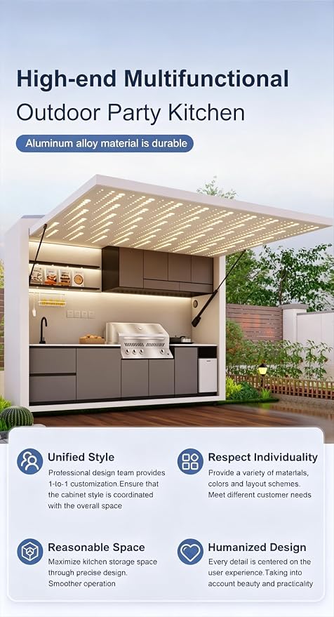 Prefab Modular Outdoor Kitchen Island BBQ Pod with Grill, Sink, Beverage Fridge and Storage Cabinets, Modern Patio Cooking Station for Backyard BBQ Outdoor Living