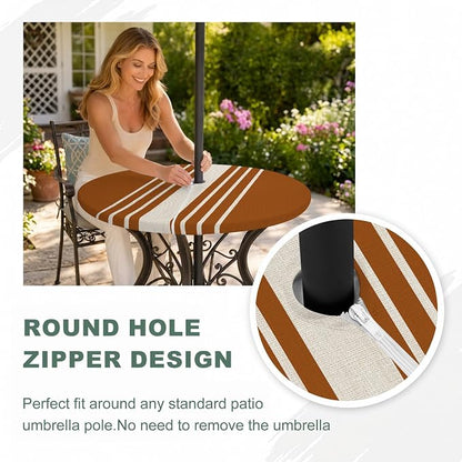 Outdoor Fitted Tablecloth with Umbrella Hole and Zipper, Burnt Orange Beige Striped Elastic Round Patio Table Cover, Farmhouse Retro Lines Modern Table Protector for Backyard BBQ Party 31''-35''