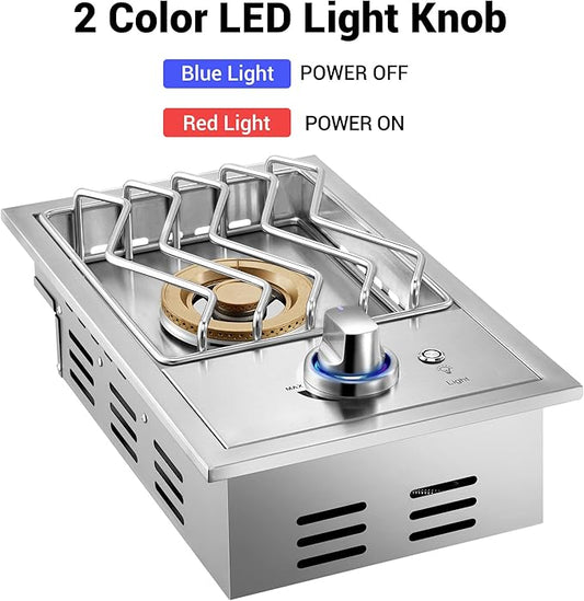 17,500BTU Liquid Propane Side Burner, Single Grilling Side Burners for Outdoor Kitchen, Convertible to Natural Gas, Duty Heavy 304 Stainless Steel, Drop-in Side Burner for Outdoor BBQ Grill Island