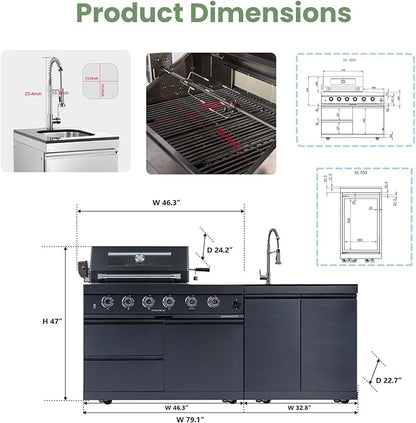 Outdoor Kitchen Natural Gas Grill Island,4-Burner 72,000 BTU Stainless Steel BBQ Grill with Infrared Rotisserie,Side Burner,Granite Countertop,Sink & Storage Cabinet.(Black+79 in)