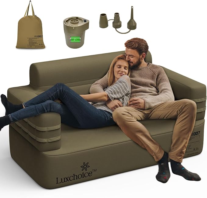 Inflatable Couch Loveseat Camping Couch Built-in Rechargeable Pump Air Sofa | Blow up Couch Durable 1000D Oxford Fabric Outdoor Camping Couch 2 mins Camping Furniture for Backyard RV Travel Movie Night