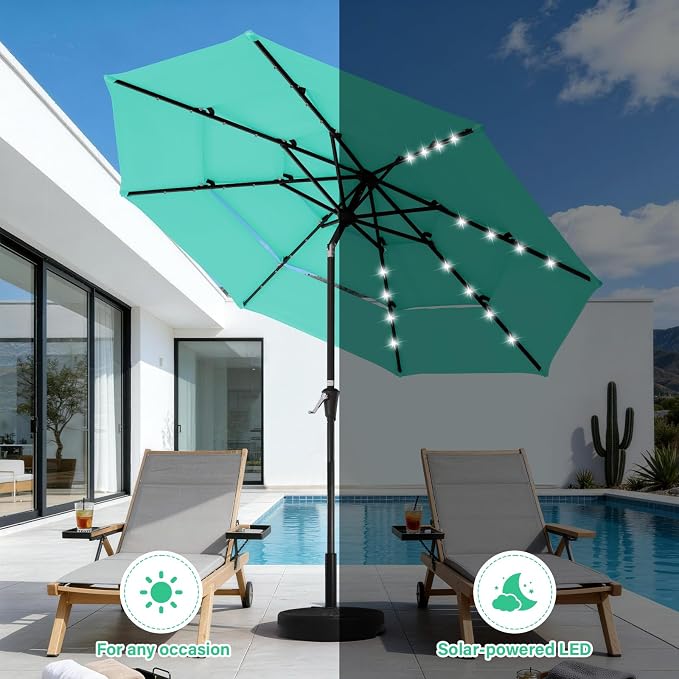 JEAREY 9 ft 3-Tier Outdoor LED Lighted Patio Umbrella w/Crank, Peacock Blue | Solar Market Table Umbrella with 8 Sturdy Ribs, UV Protection Waterproof Sunproof for Garden, Deck and Backyard