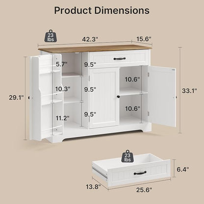 Coffee Bar, Storage Cabinet, White and Rustic | Buffet Cabinet, Sideboard Cabinet with Internal Storage Shelf for Dining Room, Kitchen, Living Room, Kitchen and Laundry Room