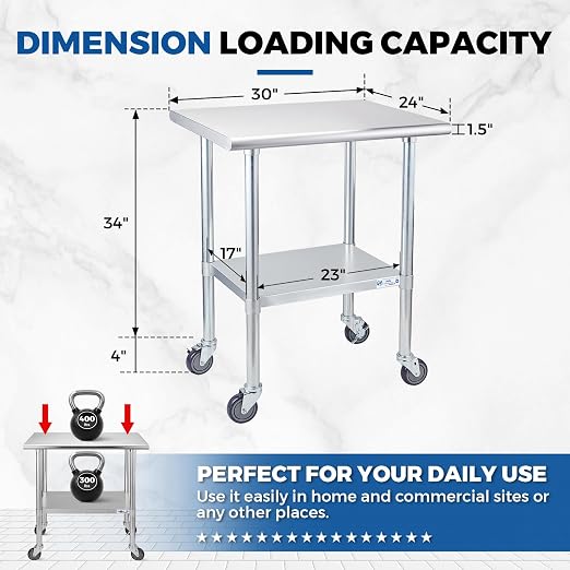 Profeeshaw Stainless Steel Table with Wheels 24x30 Inch, NSF Commercial Kitchen Prep & Work Table with Undershelf and Galvanized Legs for Restaurant, Bar, Utility Room and Garage Heavy Duty Table | Commercial Metal Workbench, with Undershelf, Heavy Dut...