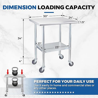 Profeeshaw Stainless Steel Table with Wheels 24x30 Inch, NSF Commercial Kitchen Prep & Work Table with Undershelf and Galvanized Legs for Restaurant, Bar, Utility Room and Garage Heavy Duty Table | Commercial Metal Workbench, with Undershelf, Heavy Dut...