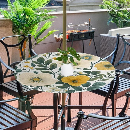 Retro Flowers Outdoor Round Fitted Tablecloth with Umbrella Hole and Zipper, 36"-44" Elastic Patio Table Cloth Oil-Proof Waterproof Patio Table Cover for Picnic Party Camping