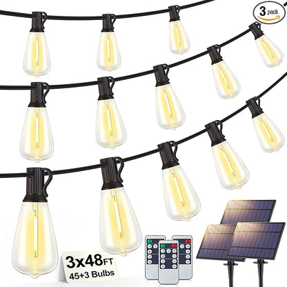 Larkvue 144FT(3x48FT) Solar Outdoor String Lights with Remote & Timer, Waterproof Dimmable Patio Lights with 45+3 ST38 LED Bulbs for Porch Party-Black