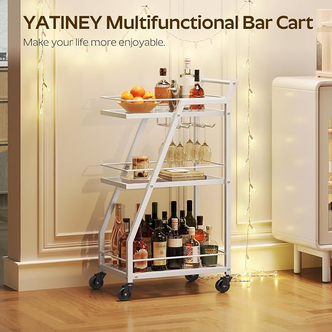 Bar Cart, 3-Tier Home Bar Serving Cart with Wheels, Drink Cart with Glass Holder, Beverage Cart, Rolling Kitchen Cart, for Home, Living Room, Transparent and White BC03WT