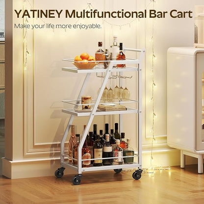 Bar Cart, 3-Tier Home Bar Serving Cart with Wheels, Drink Cart with Glass Holder, Beverage Cart, Rolling Kitchen Cart, for Home, Living Room, Transparent and White BC03WT