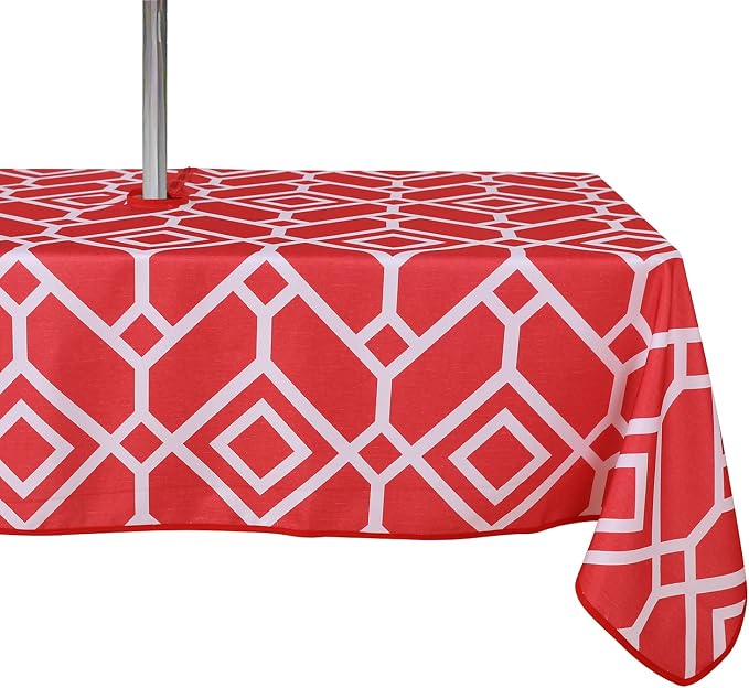 LUSHVIDA Moroccan Outdoor Tablecloth with Umbrella Hole and Zipper, 60 x 84 Inch Red, Rectangle Waterproof Wrinkle Free Table Cloth Decorative Fabric Washable Table Cover for Patio, Party, Picnic