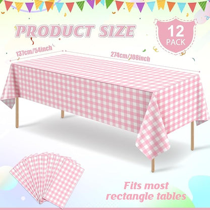 12Pcs Pink Gingham Tablecloths, Checkered Party Table Covers 54x108 In | Pink and White Checkered Tablecloths Disposable Waterproof for Baby & Bridal Shower Picnic Camping Girls Birthday Party