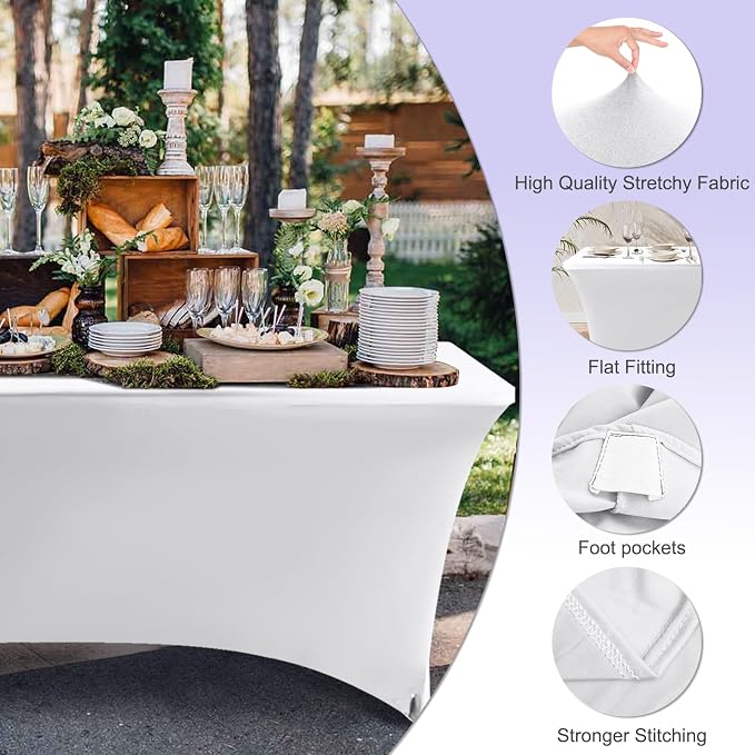ABCCANOPY 6FT Spandex Table Cover, Stretch Fitted Tablecloth, Crisp-White | Rectangular Tight, Fitted, Washable and Wrinkle Resistant Table Protector for Wedding, Banquet,Birthday, Party, Event