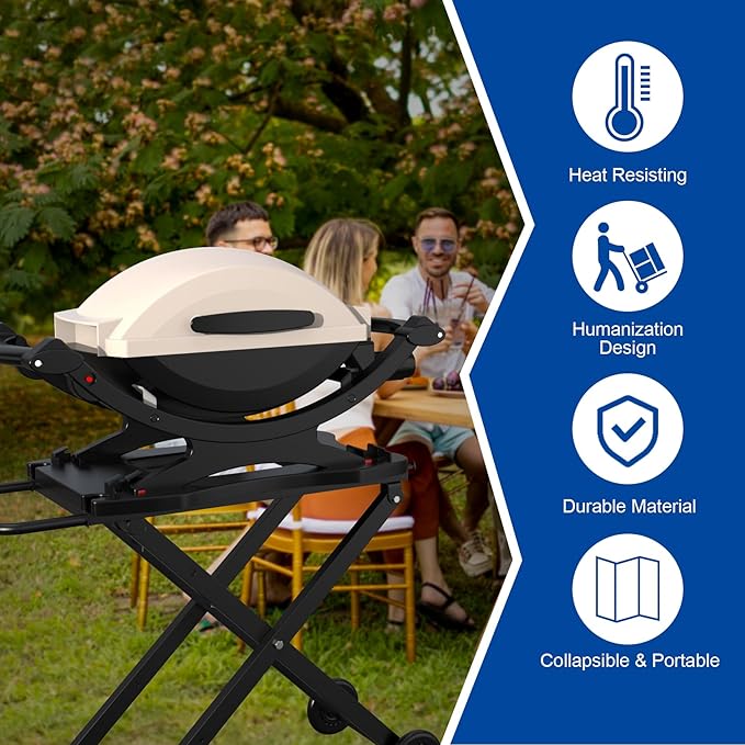 SafBbcue Outdoor Collapsible Grill Table for Weber Q Series Q1200 Grill, Foldable Grill Stand for Weber Q1000 Q2000 Q2200 Table Top Grill Accessories with Transport Handle and Wheels