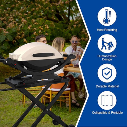 SafBbcue Outdoor Collapsible Grill Table for Weber Q Series Q1200 Grill, Foldable Grill Stand for Weber Q1000 Q2000 Q2200 Table Top Grill Accessories with Transport Handle and Wheels